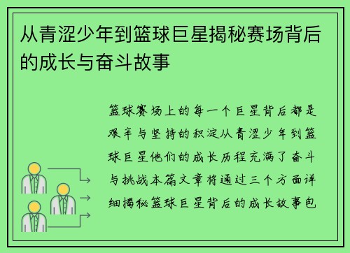 从青涩少年到篮球巨星揭秘赛场背后的成长与奋斗故事